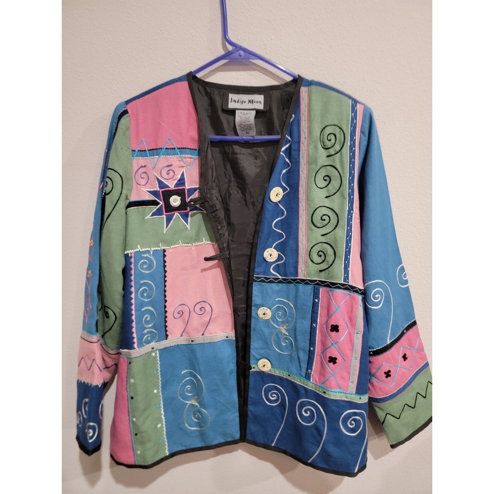 Indigo Moon Multicolor Patchwork Pattern Floral‎ Embroidered Jacket XS Vintage